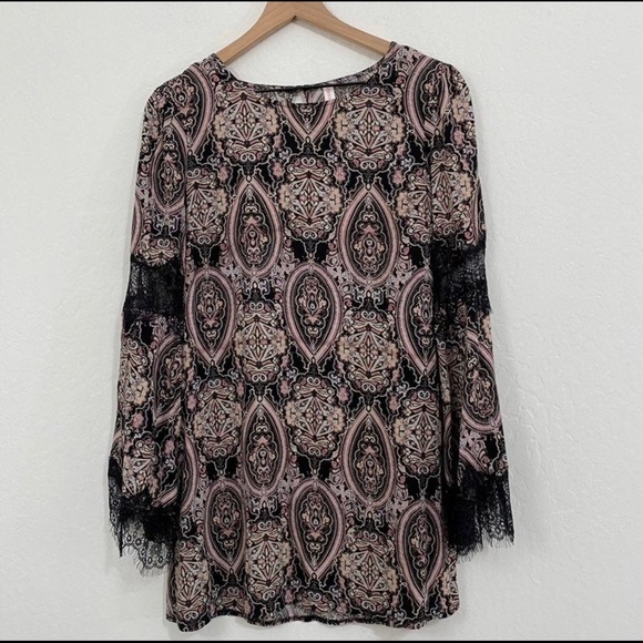 Xhilaration Women’s S Black Pink Lace Flare Sleeve Midi Dress Retro Print - Picture 5 of 6